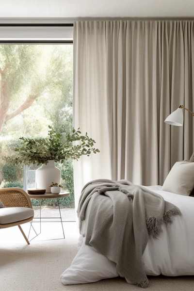 Tailored linen curtains in bright bedroom