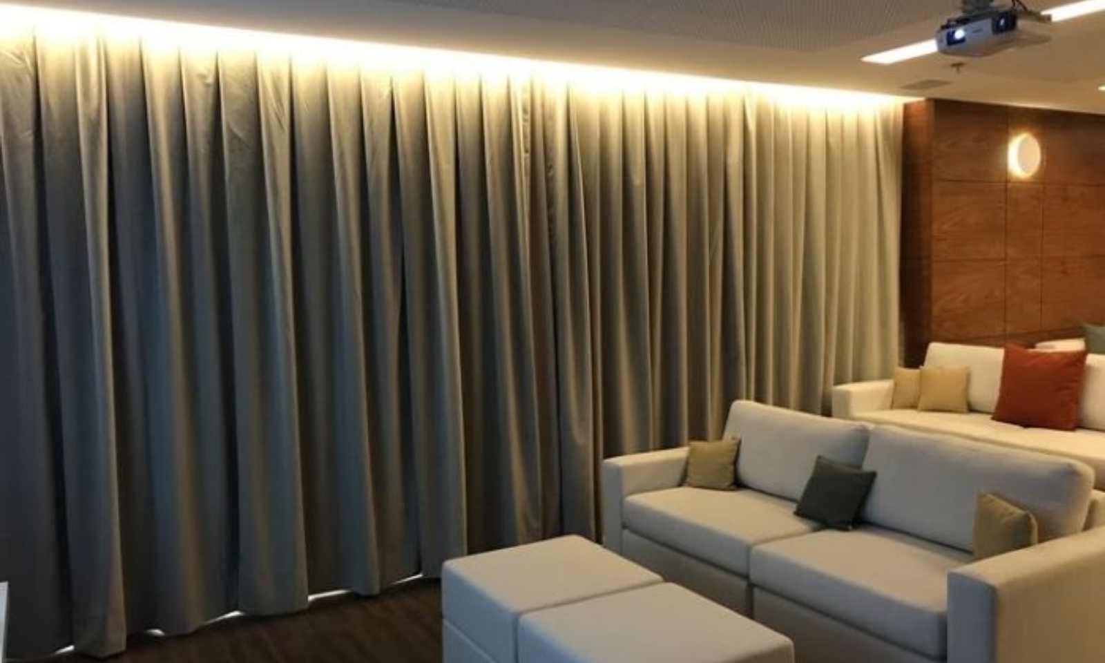 Living room noise-blocking curtains installed